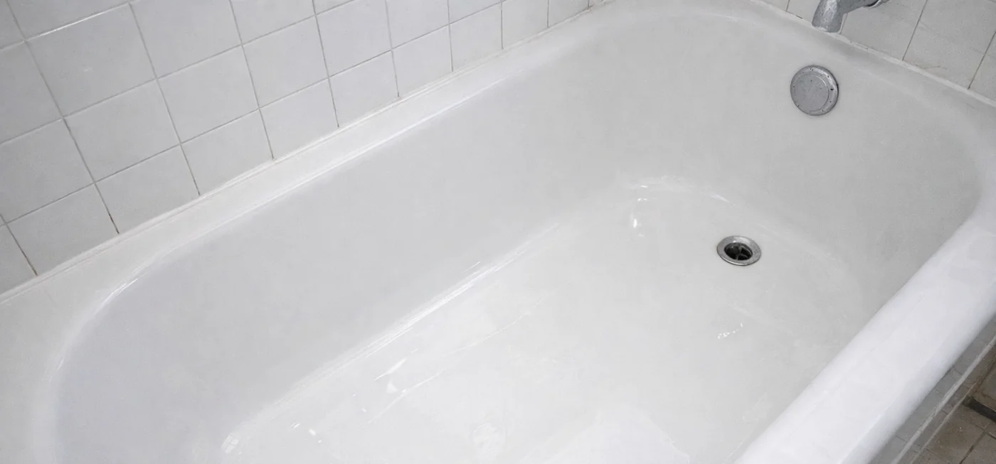 The same bathtub after refinishing: a smooth, glossy white finish.